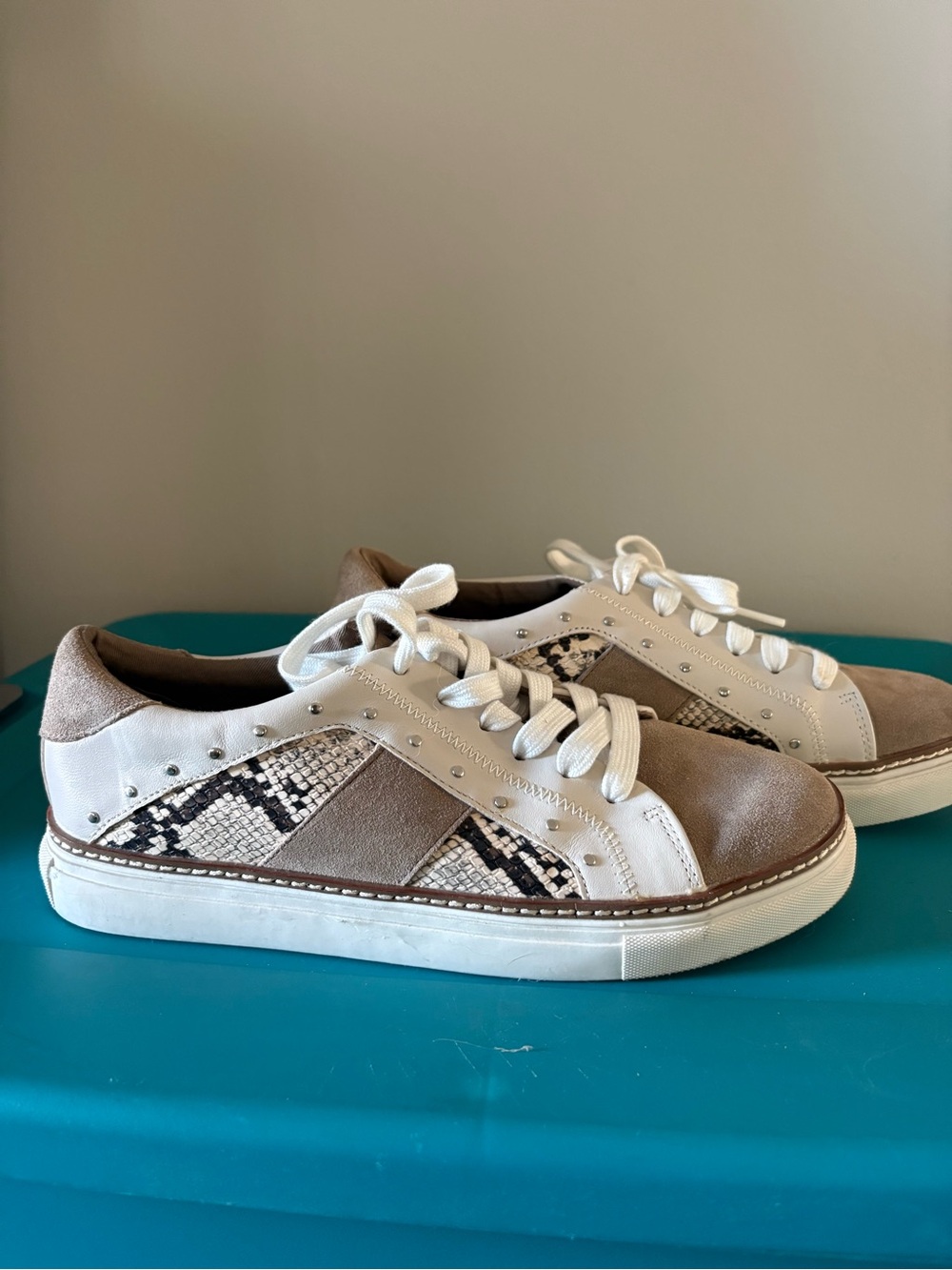 Taupe and White Snake-Print Women's Casual Sneakers